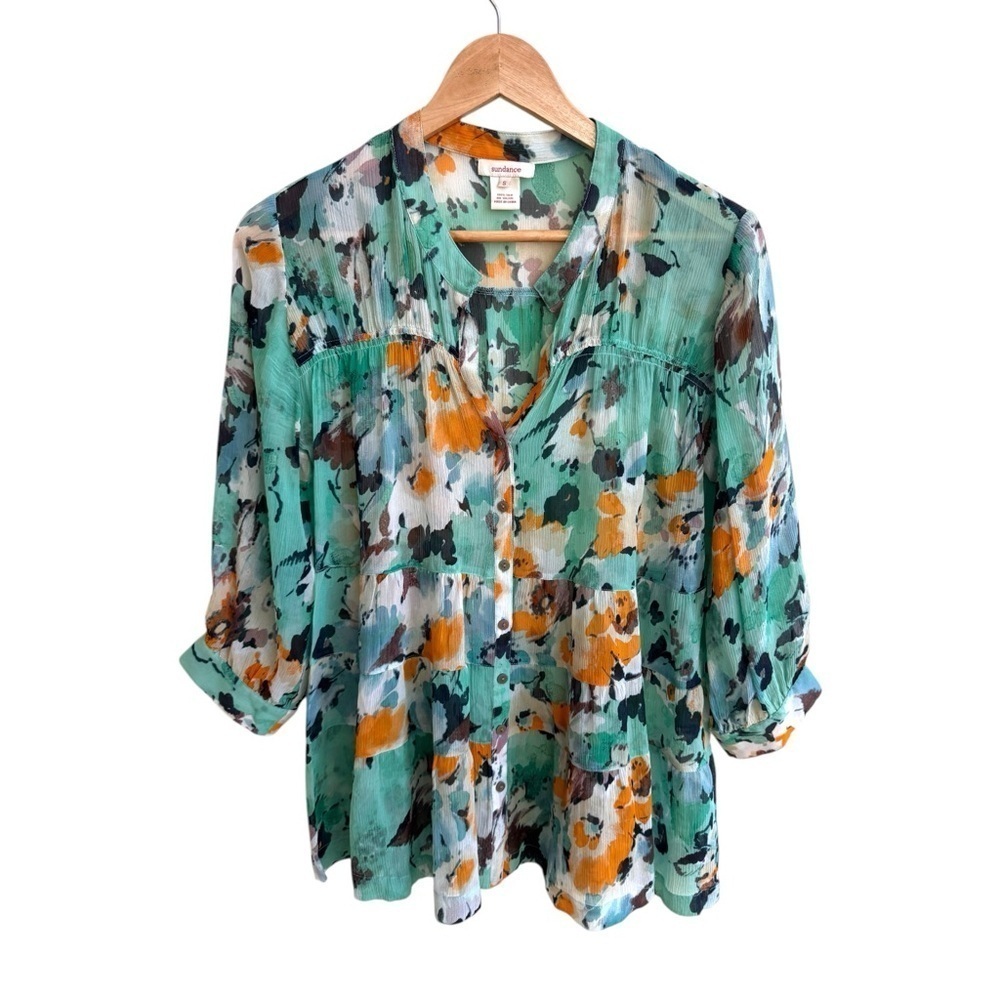 Sundance Green Multicolor Floral Print Silk Chiffon 3/4 Sleeve V Neck Women Sz S